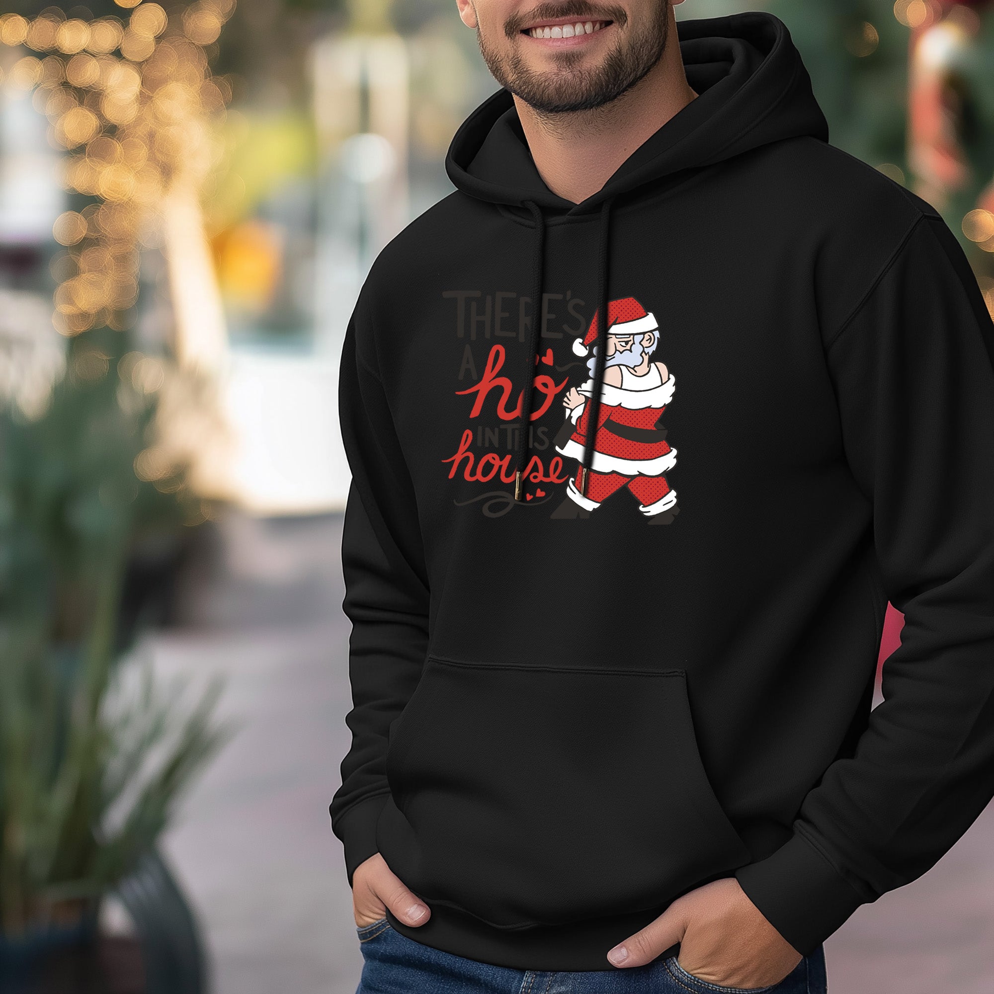 Schwarzer Weihnachts-Kapuzenpullover für Herren mit Weihnachtsmann-Design