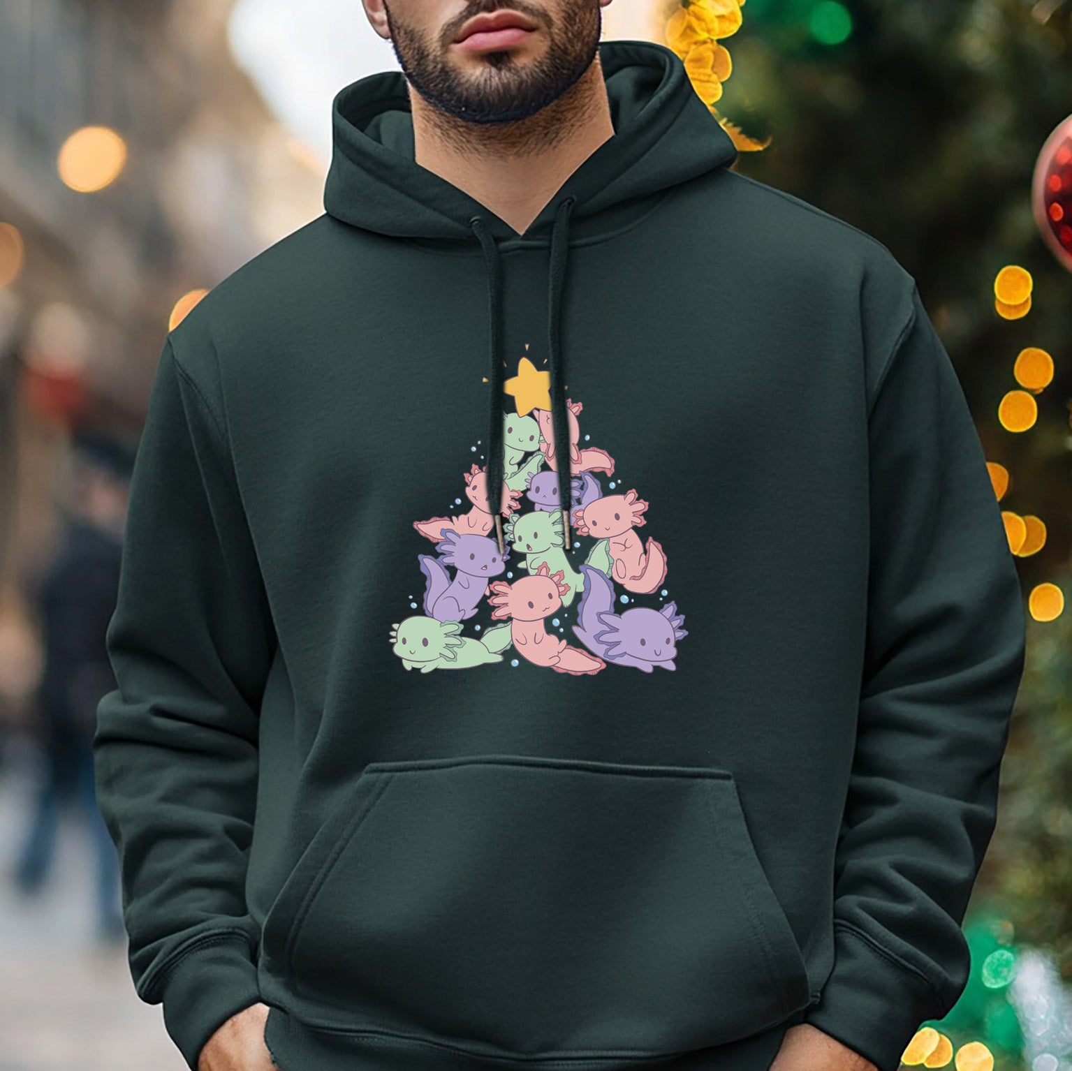 Axolotl Weihnachtsbaum Dunkelgrüner Kapuzenpullover für Männer - Festliche Feiertagskleidung