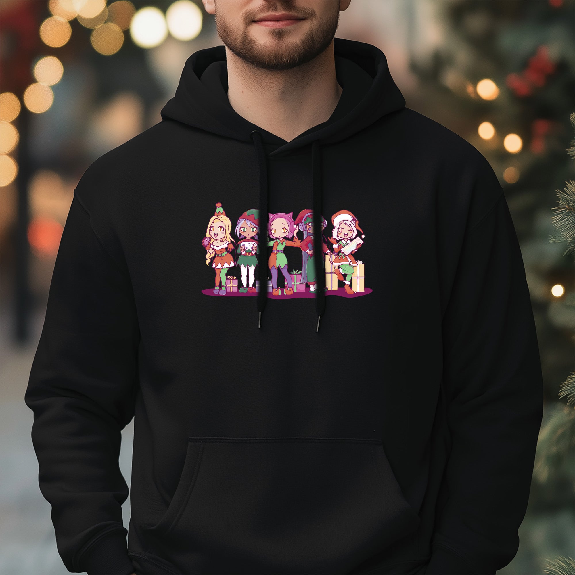 Schwarzer Kapuzenpullover für Herren mit Anime-Gnomen – Festliche Weihnachtsedition