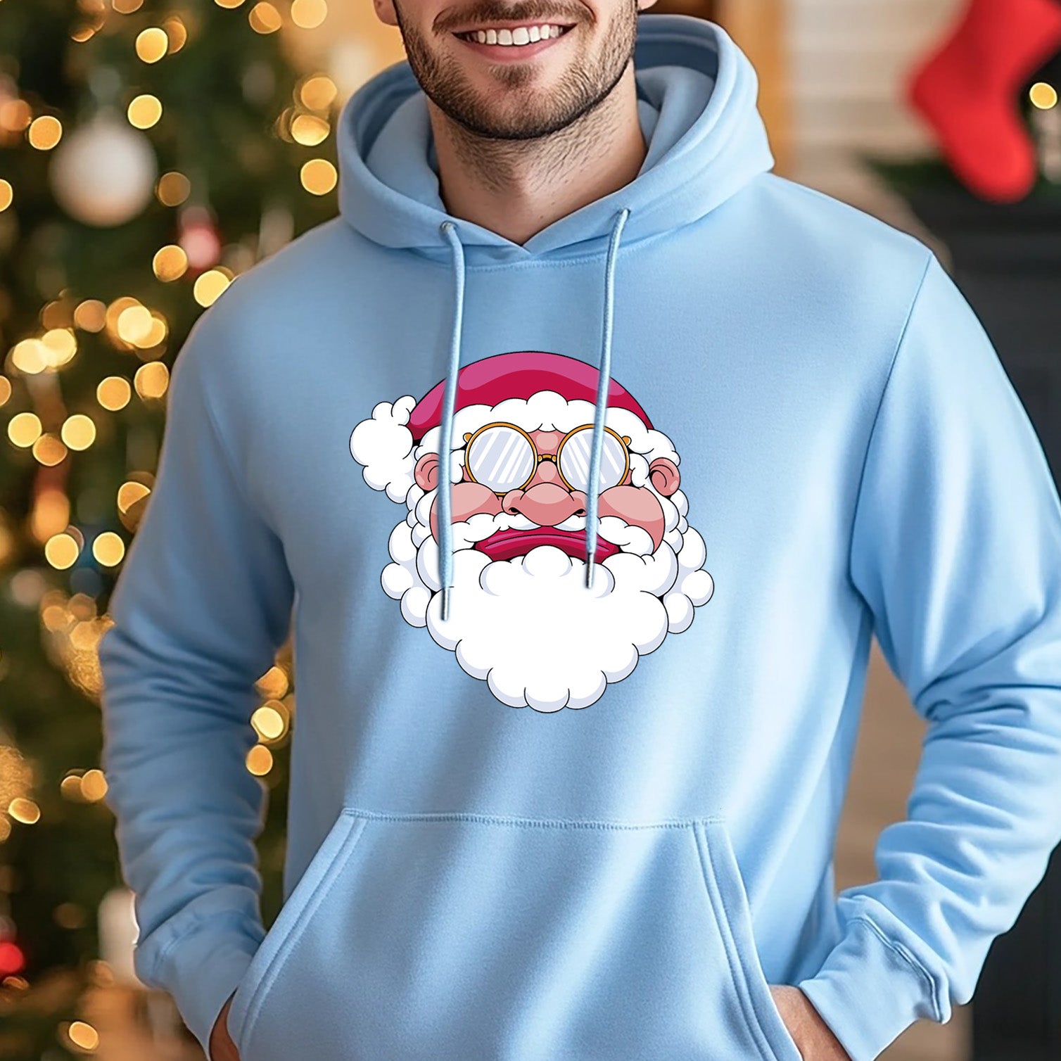 Blauer Weihnachts-Kapuzenpullover für Herren mit Weihnachtsmannkopf-Design