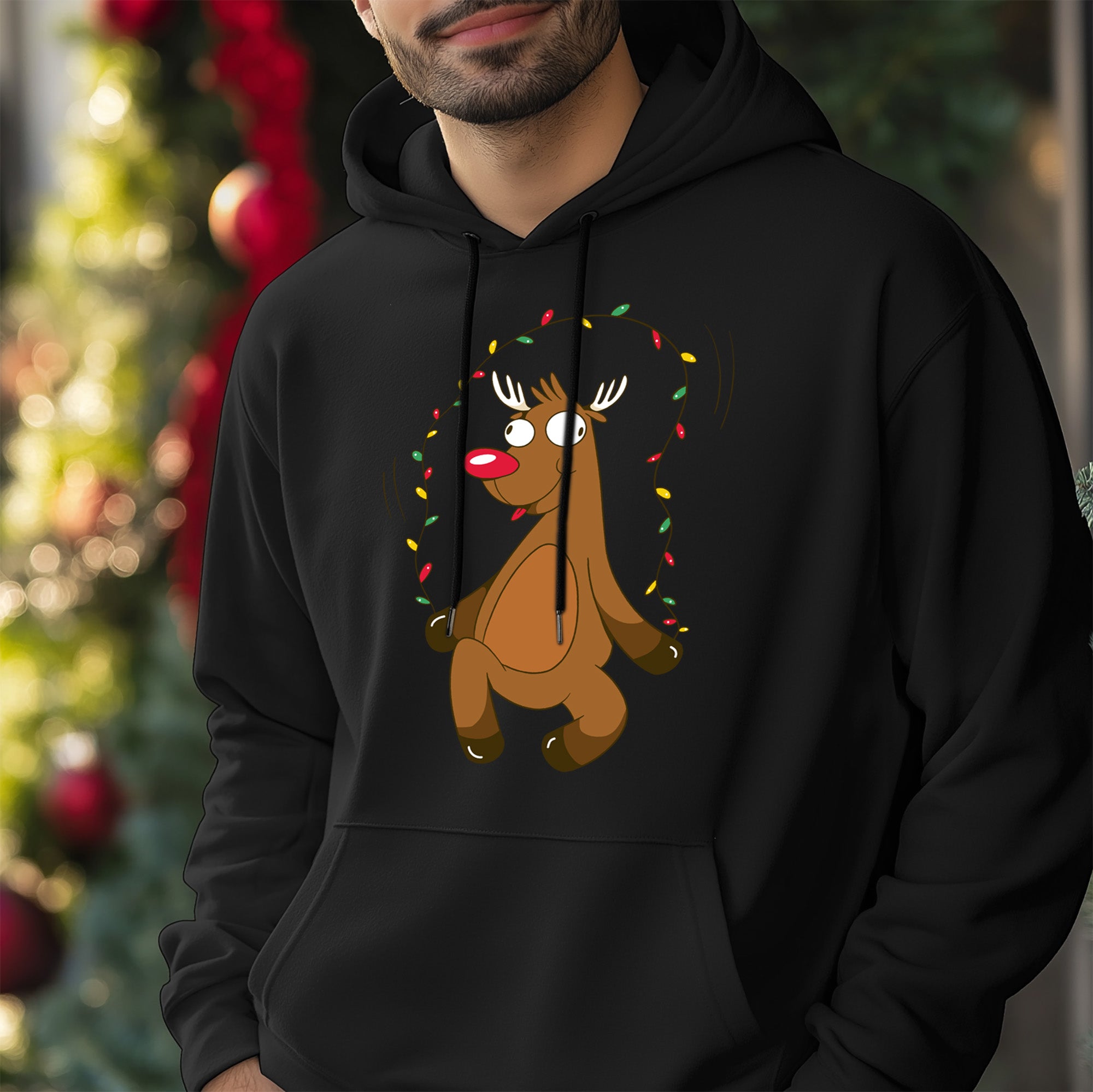 Reindeer & Christmas Lights Black Hoodie: Festive Holiday Apparel