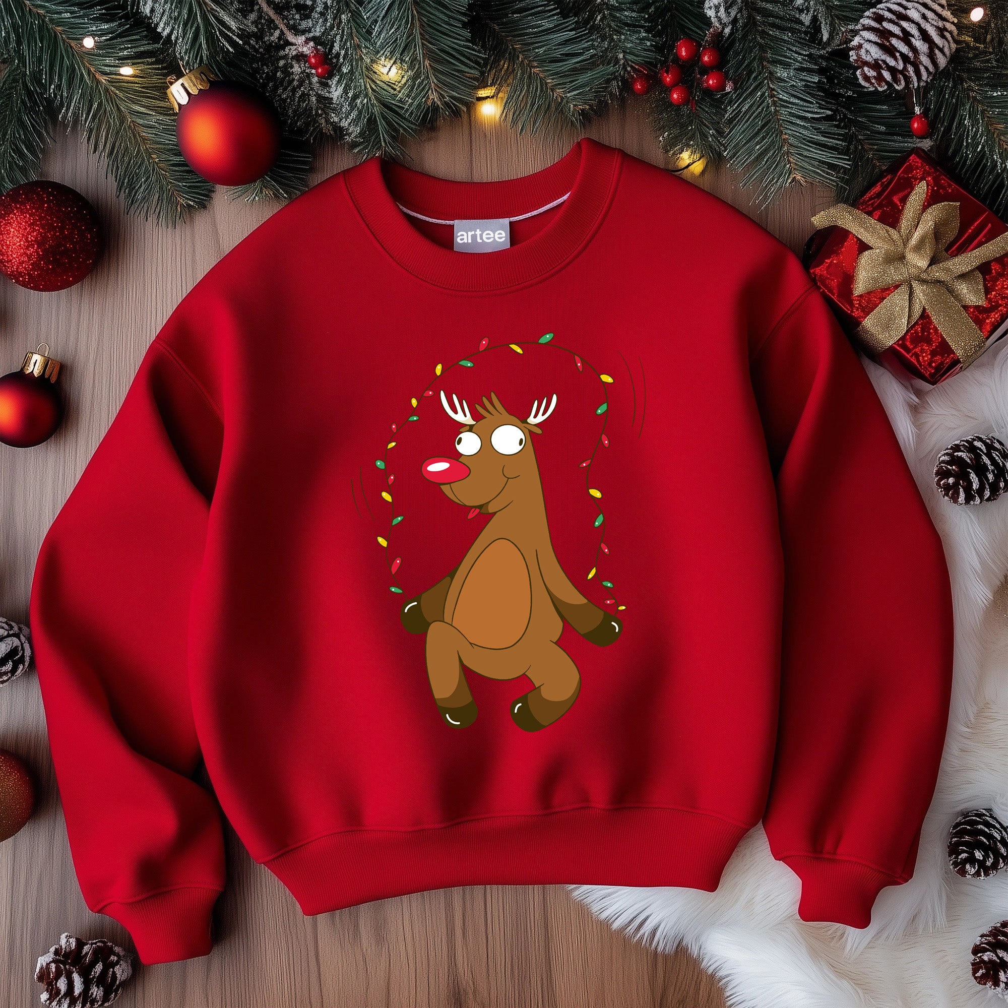 Reindeer & Christmas Lights Red Sweatshirt - Festive Holiday Apparel