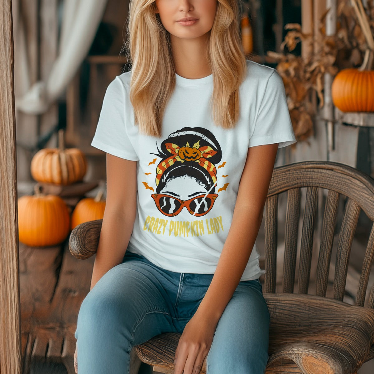 T-Shirt aus Bio-Baumwolle mit „Crazy Pumpkin Lady Witch“-Halloween-Grafik