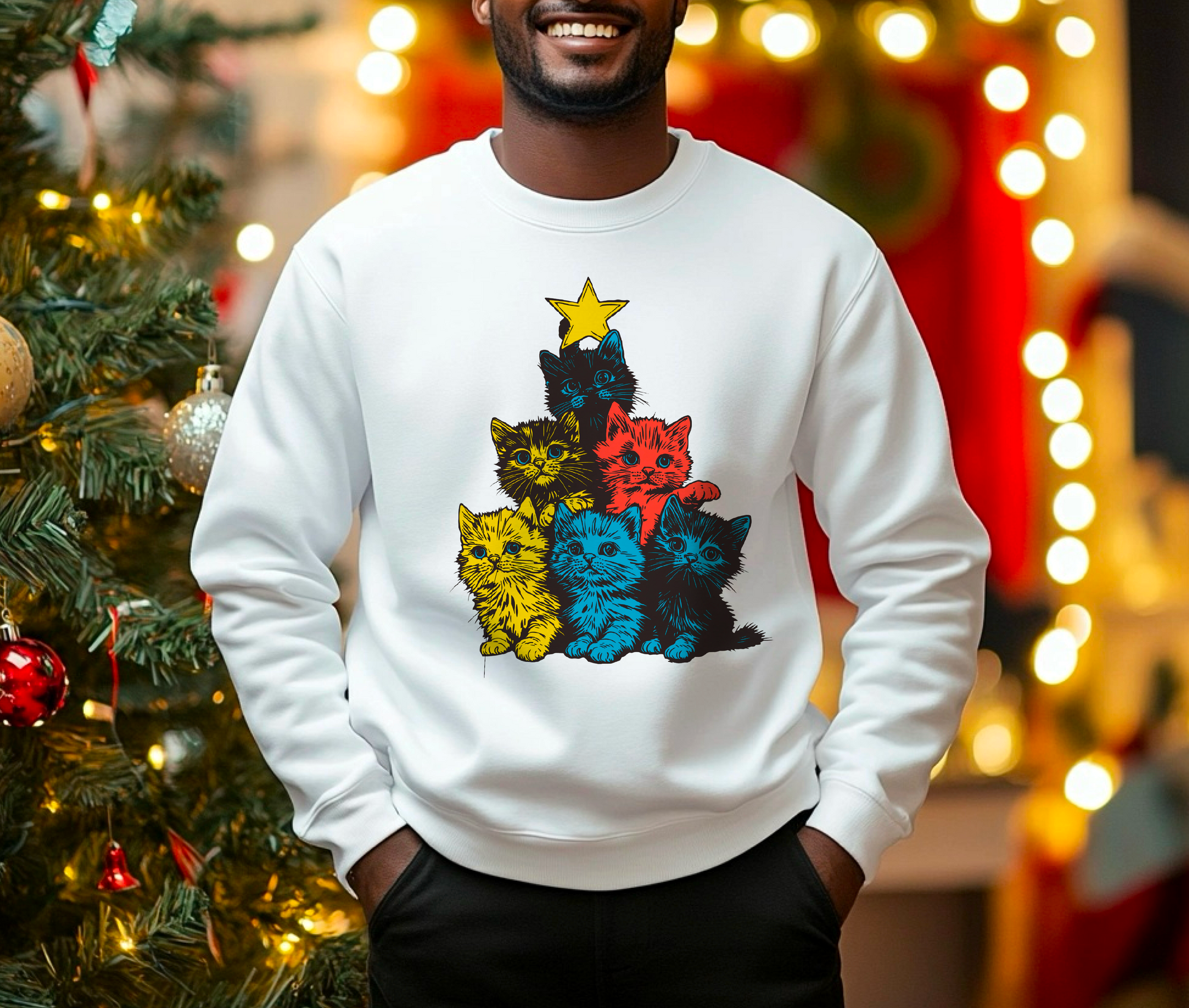 Andy Warhol-Inspired Festive Cats Christmas Tree White Sweatshirt