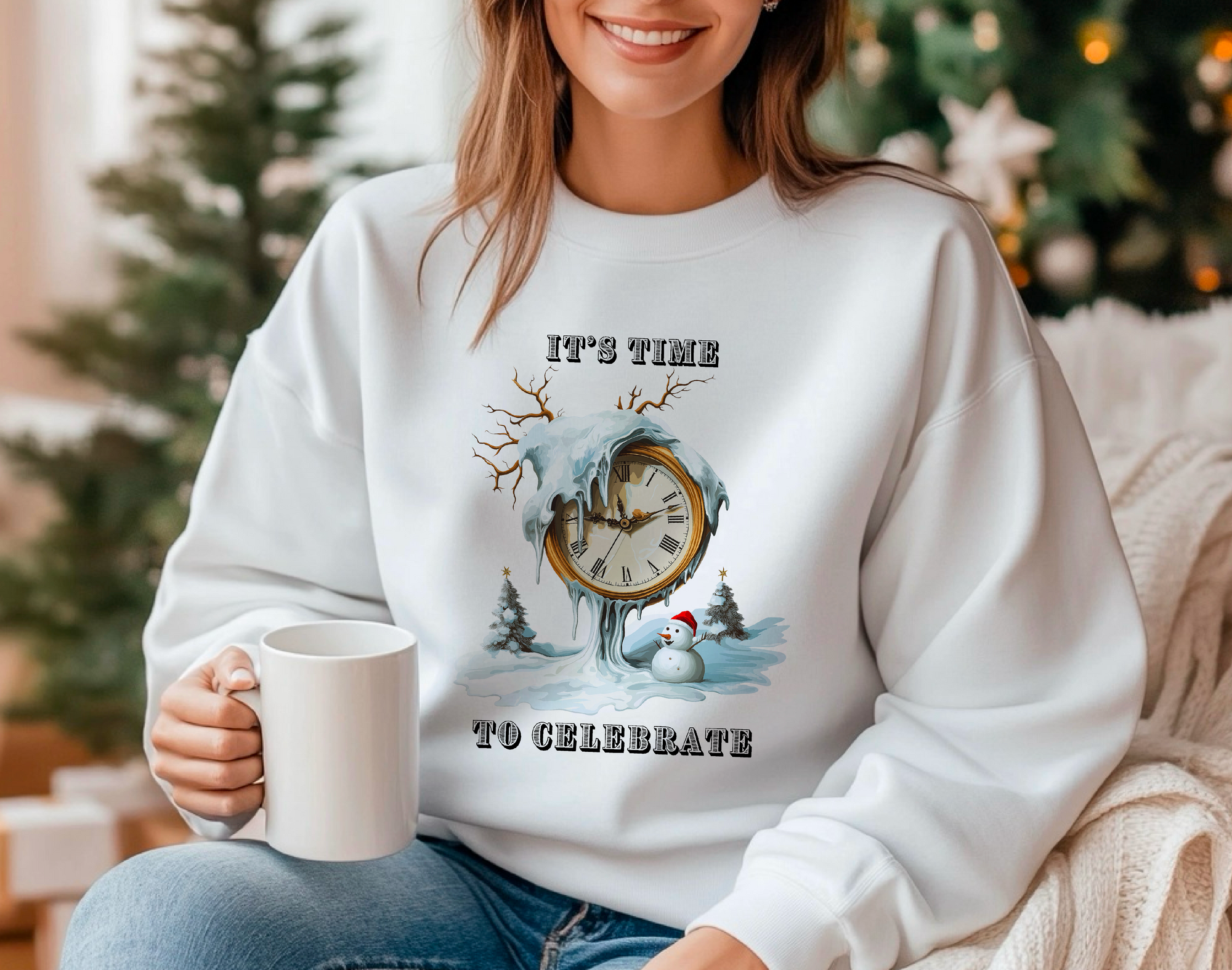 Dali-Inspired Time to Celebrate Christmas Crewneck White Sweatshirt