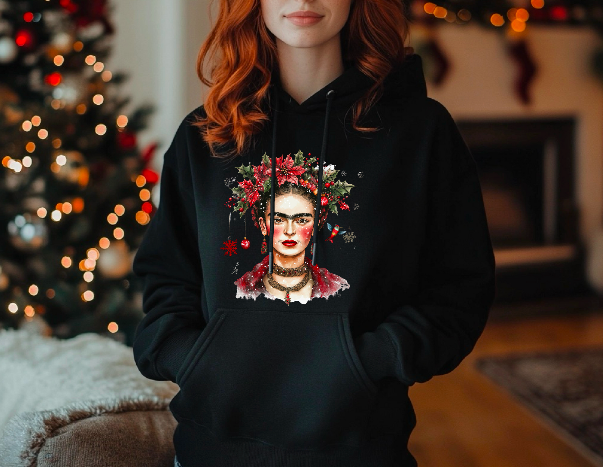 Frida Kahlo-Inspired Festive Black Hoodie: Holiday Artistic Apparel