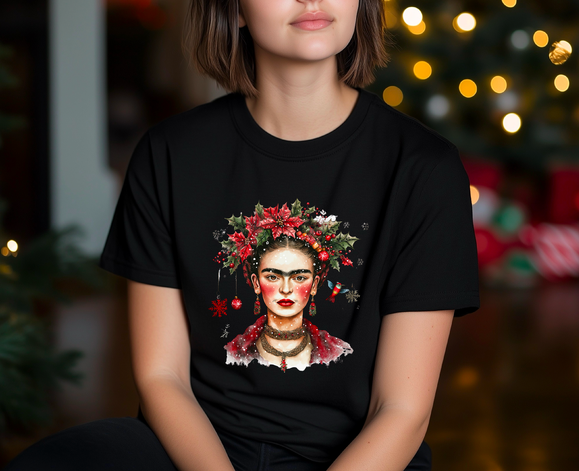 Frida Kahlo Inspired Festive Christmas T-Shirt with Unique Artistic Design