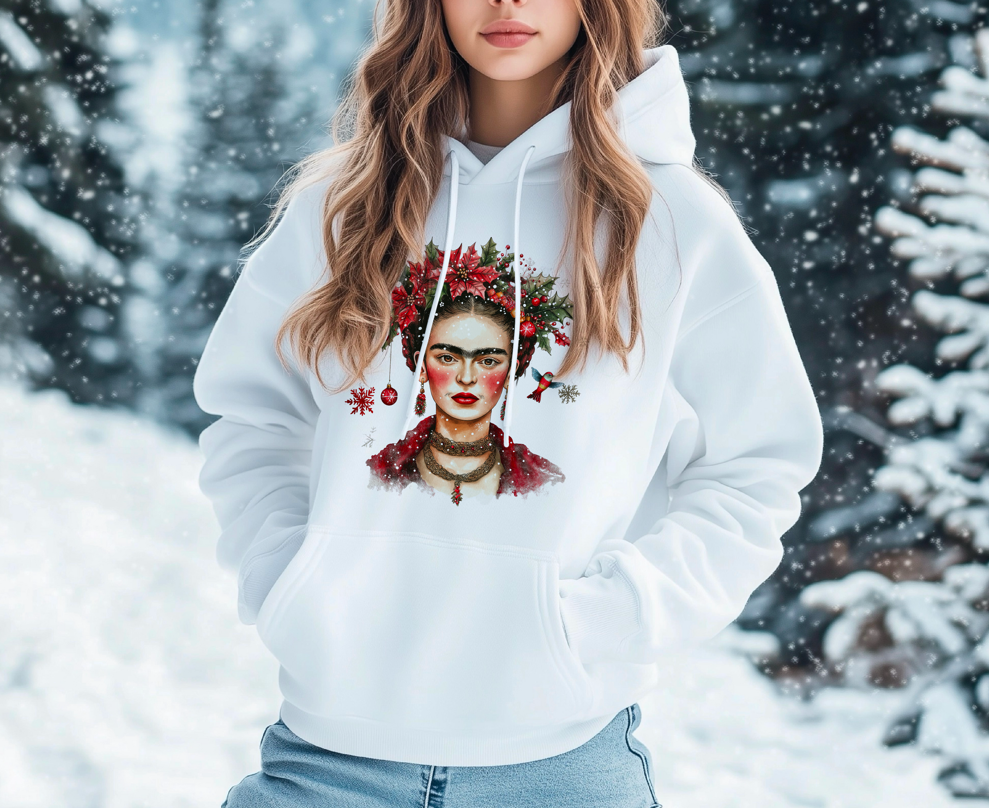 Frida Kahlo Inspired Christmas Hoodie – Festive White Design