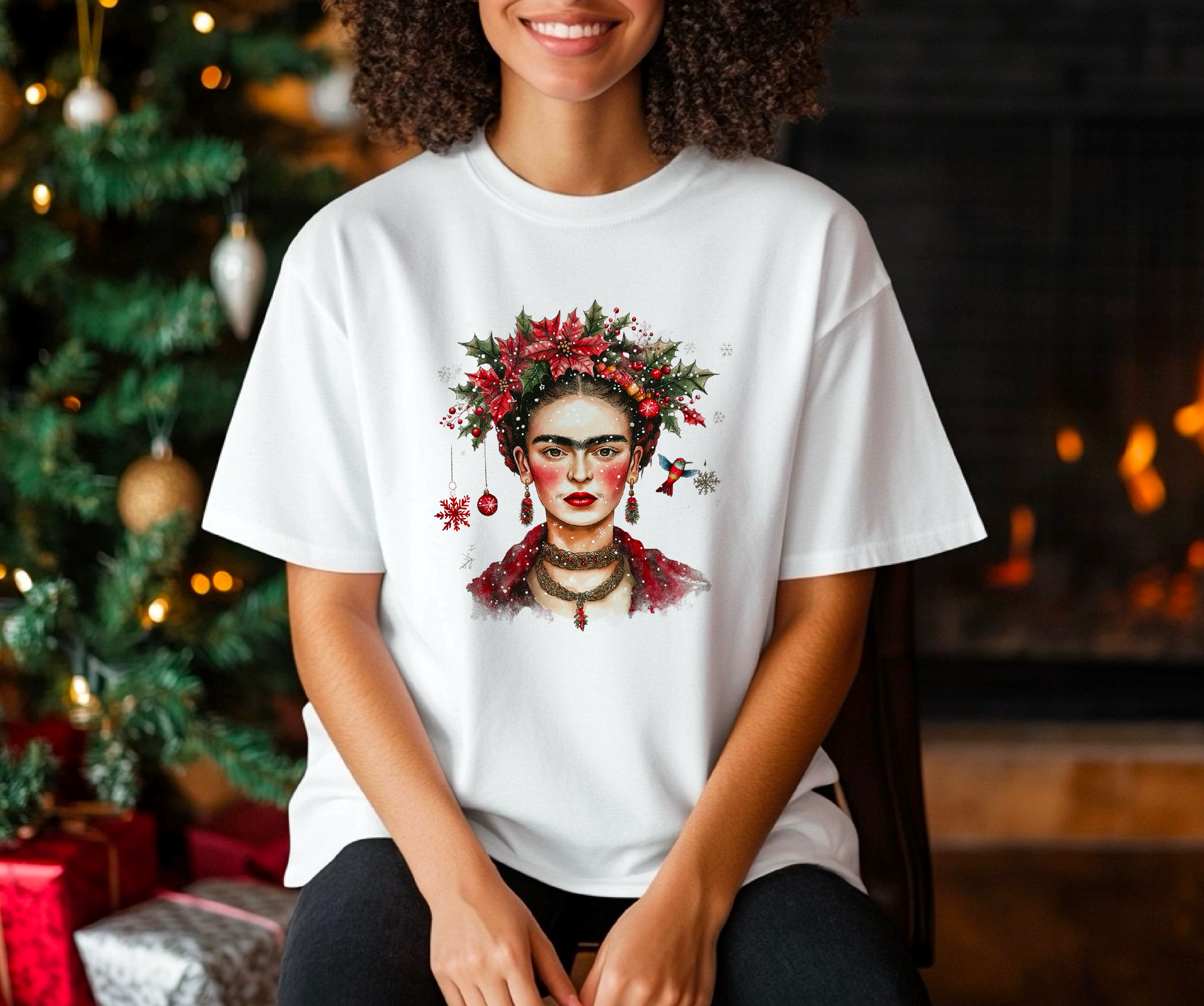 Frida Kahlo Inspired Festive Christmas T-Shirt with Unique Artistic Design