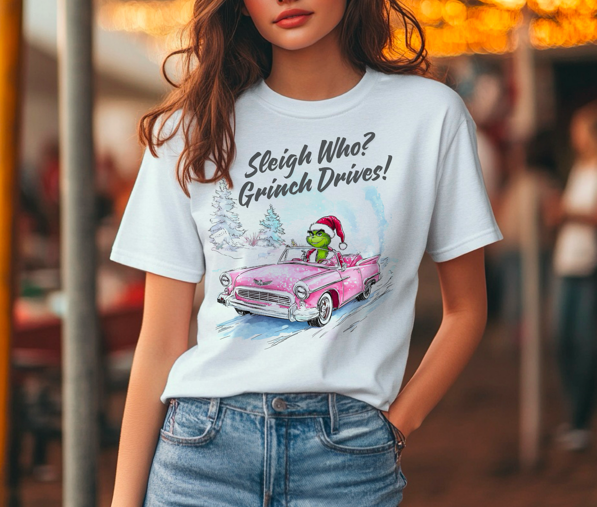 White Christmas T-Shirt with Grinch Driving a Sleigh Design