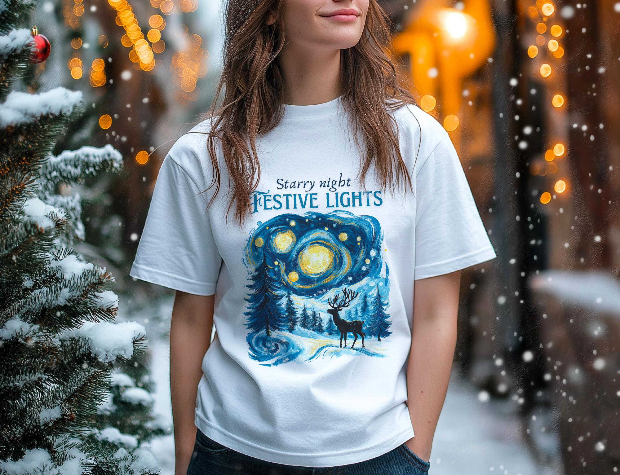 Van Gogh inspiriertes Sternennacht-Weihnachtsedition-Weiß-T-Shirt