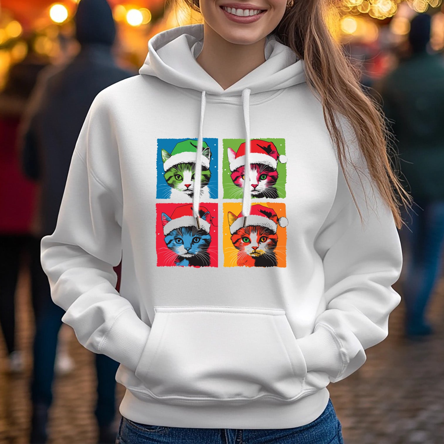 Andy Warhol Inspired White Christmas Hoodie with Festive Cat Design