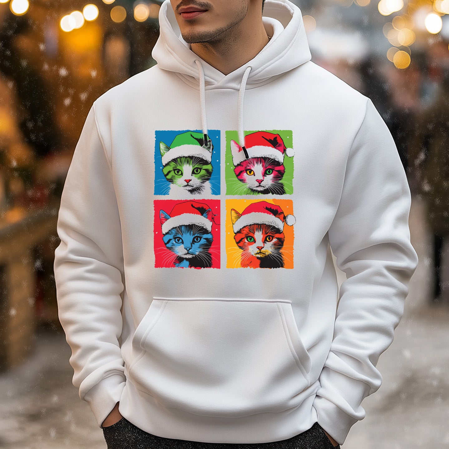Andy Warhol Inspired White Christmas Hoodie with Festive Cat Design