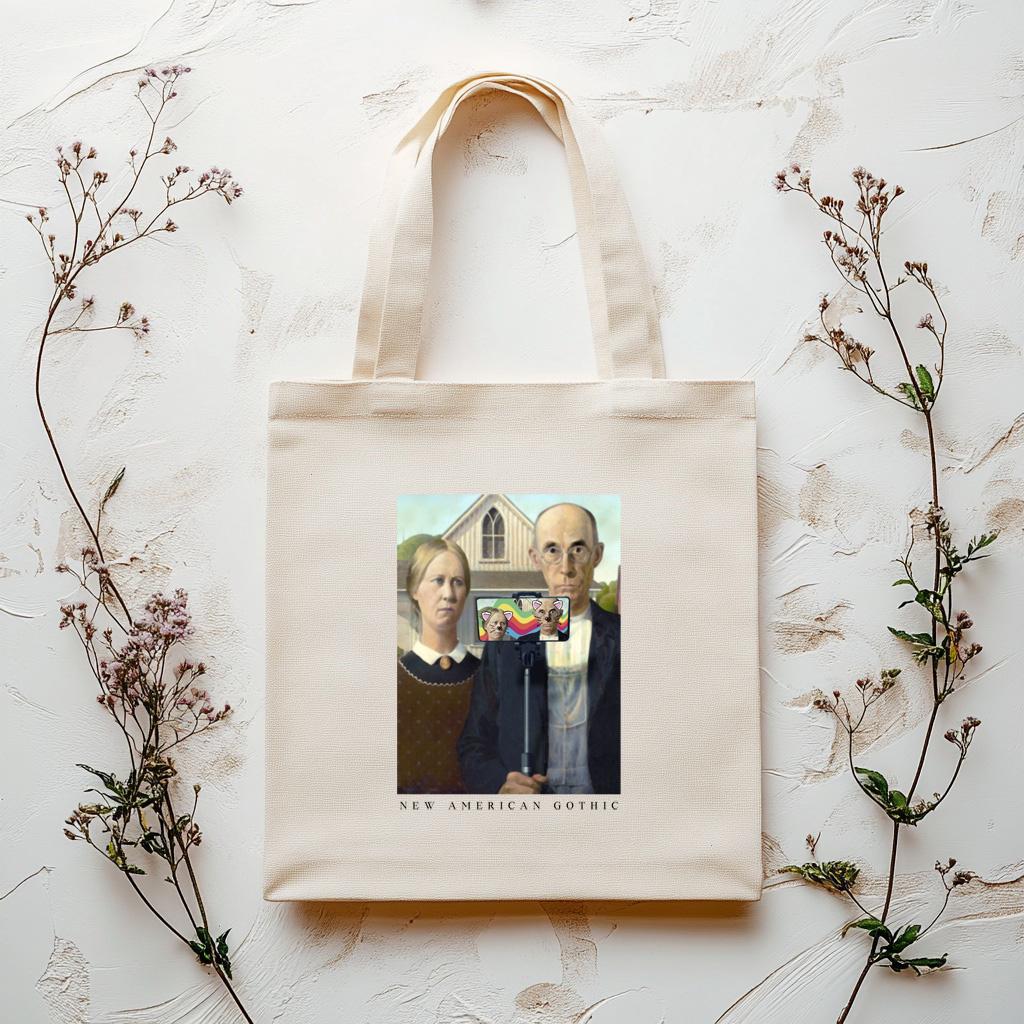 New American Gothic Selfie Tote Bag – Grant Wood Parody, Funny Classic Art, Aesthetic Gift