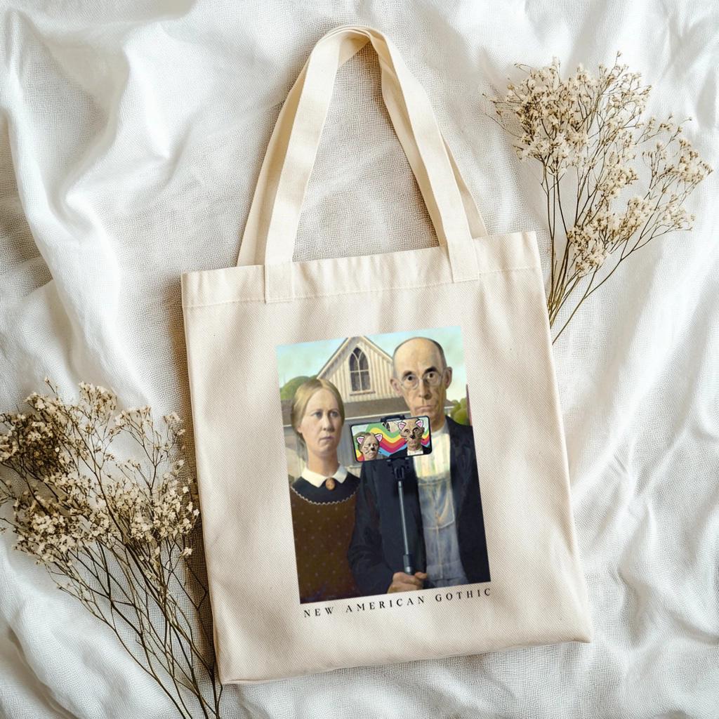 New American Gothic Selfie Tote Bag – Grant Wood Parody, Funny Classic Art, Aesthetic Gift