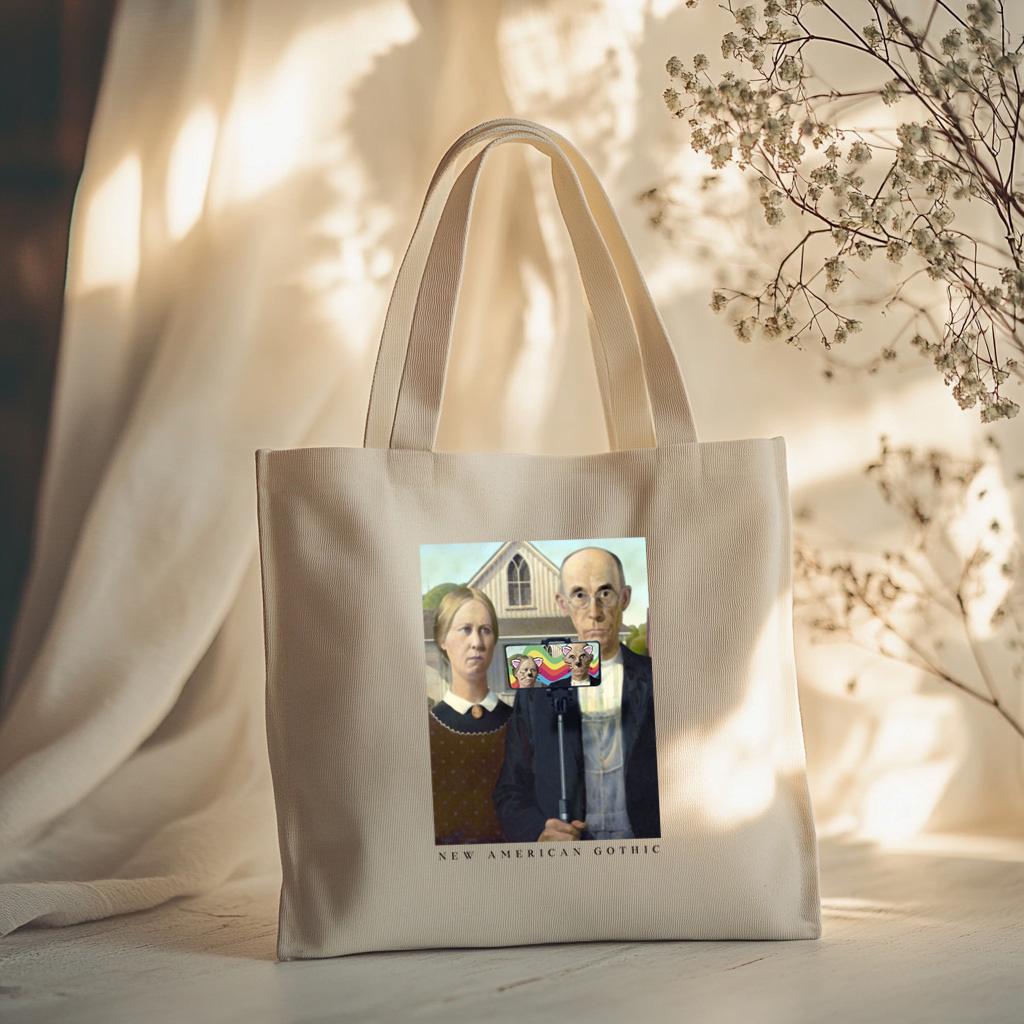 New American Gothic Selfie Tote Bag – Grant Wood Parody, Funny Classic Art, Aesthetic Gift
