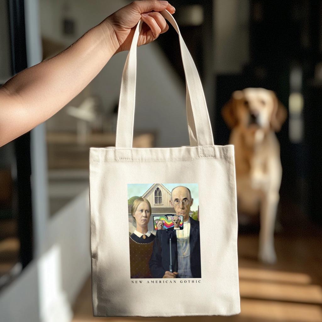 New American Gothic Selfie Tote Bag – Grant Wood Parody, Funny Classic Art, Aesthetic Gift