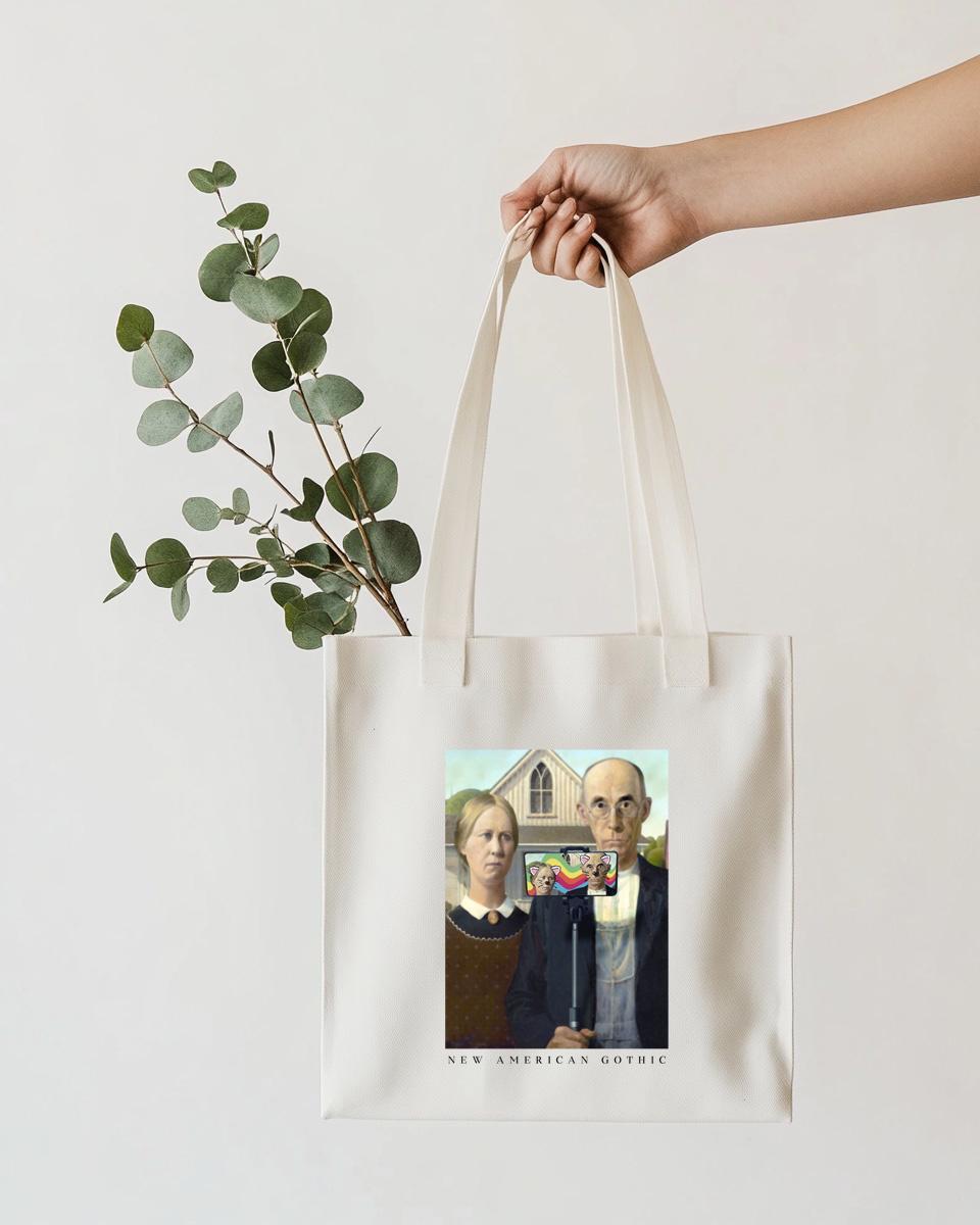 New American Gothic Selfie Tote Bag – Grant Wood Parody, Funny Classic Art, Aesthetic Gift