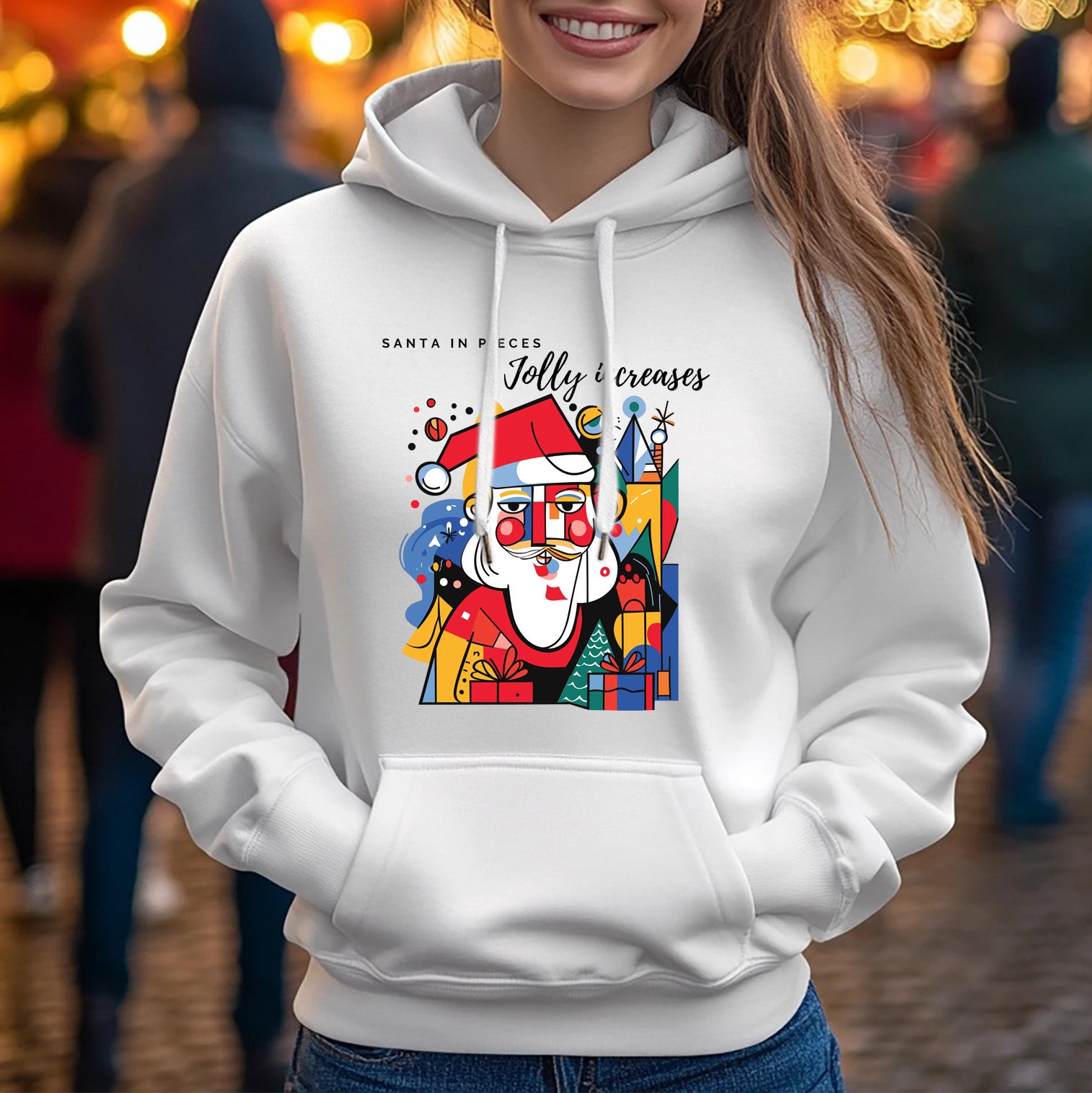 Picasso-Inspired Santa in Pieces Festive White Hoodie