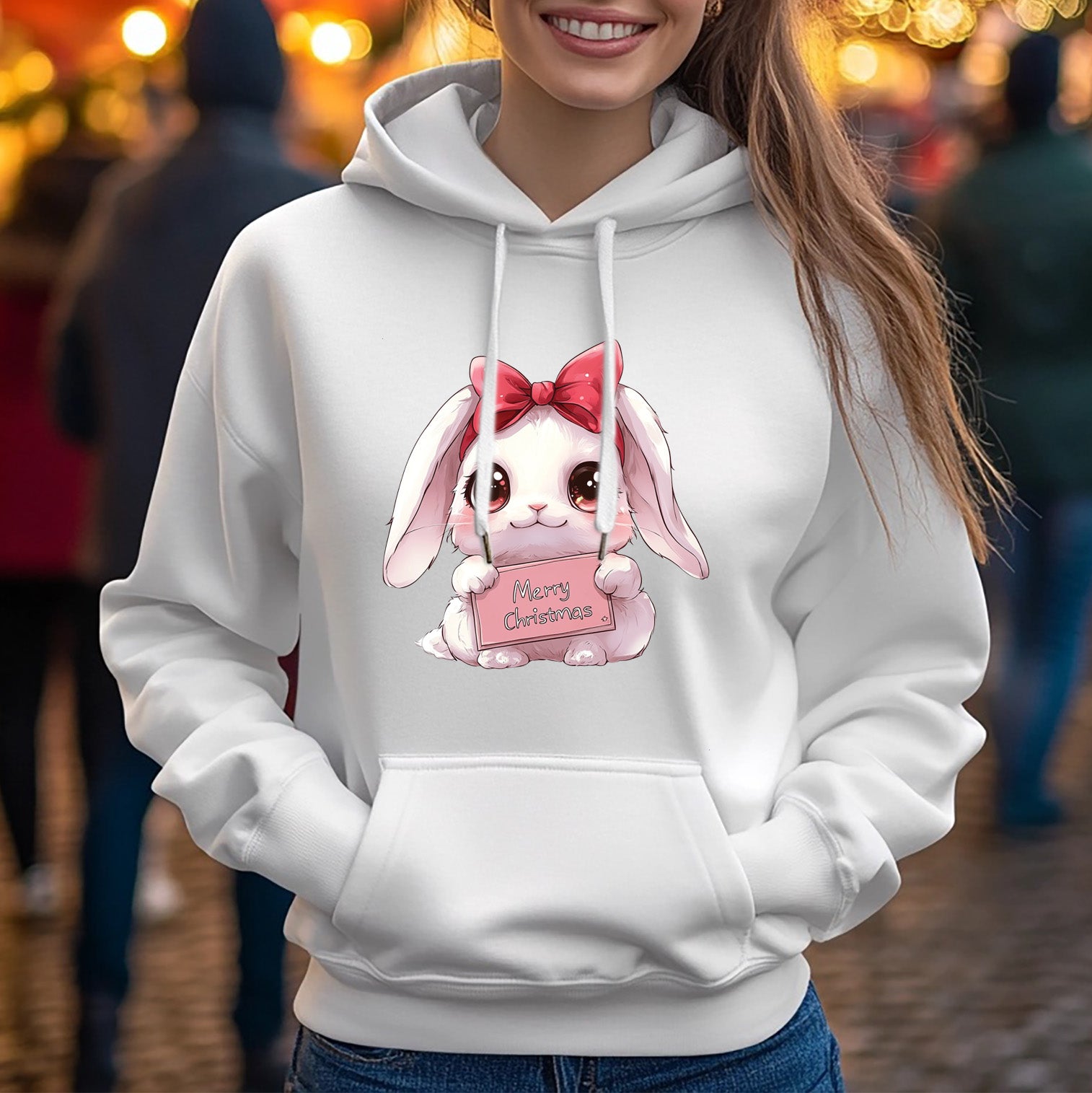 White Christmas Hoodie with Rabbit Merry Christmas Design