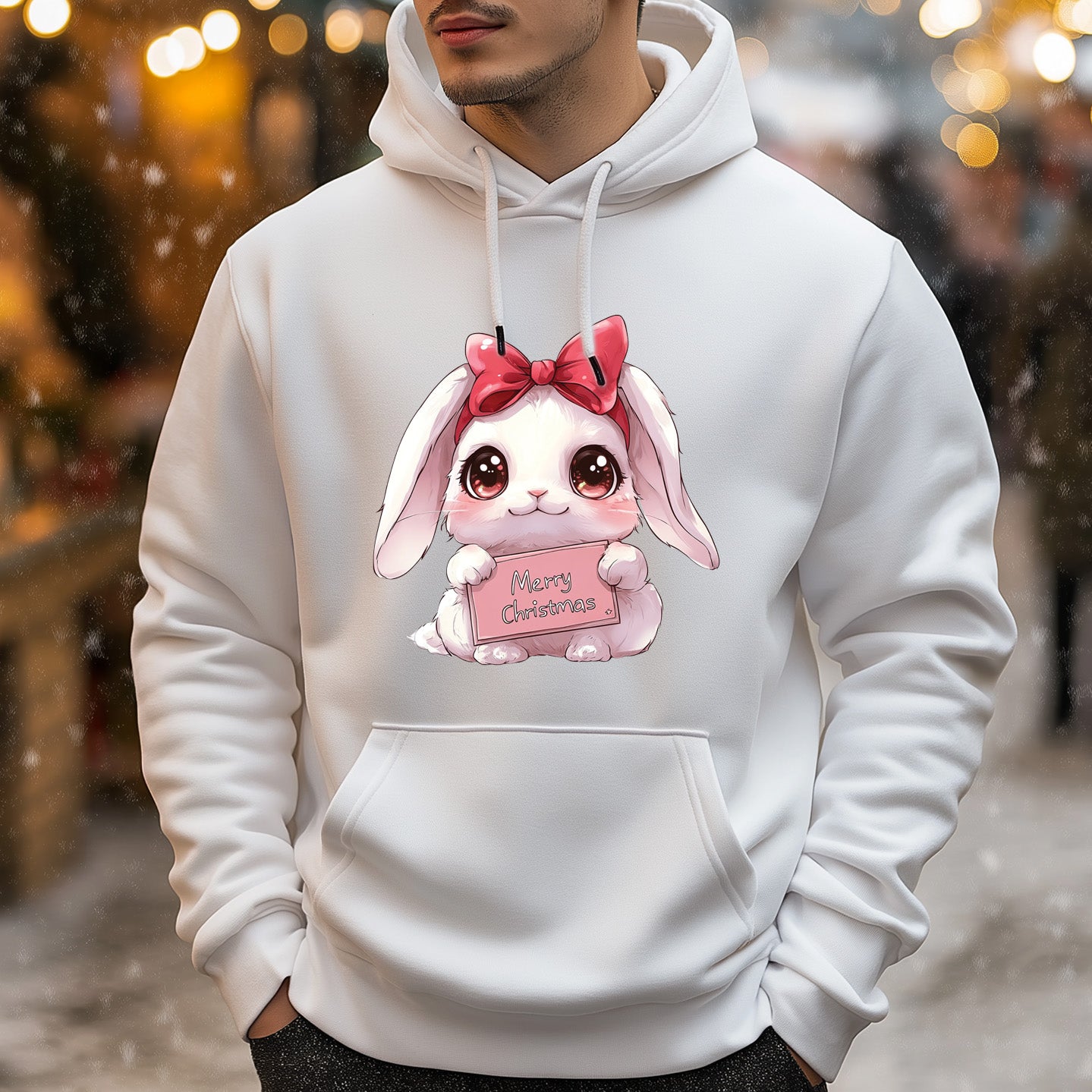 White Christmas Hoodie with Rabbit Merry Christmas Design