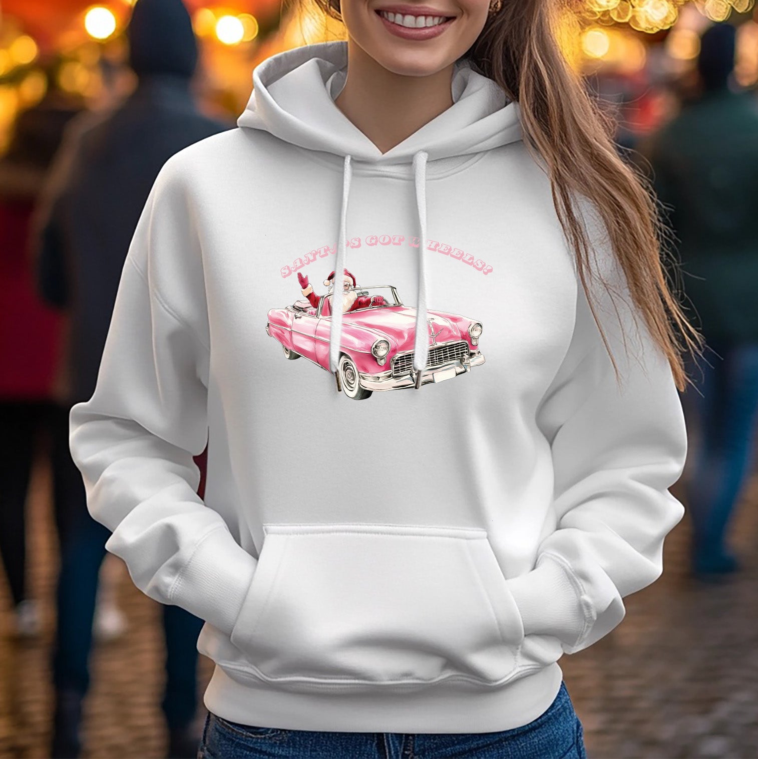 Santa's Got Wheels White Hoodie for Women - Festive Christmas Apparel