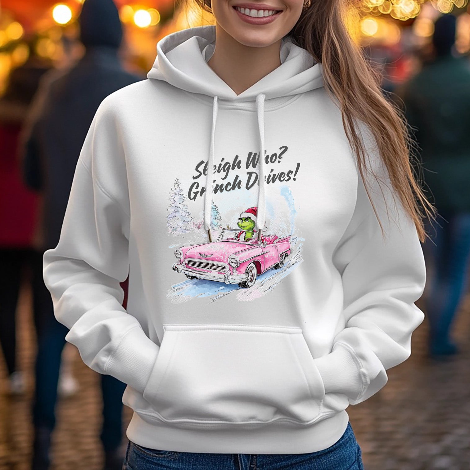 White Christmas Hoodie with Grinch Driving a Sleigh Design