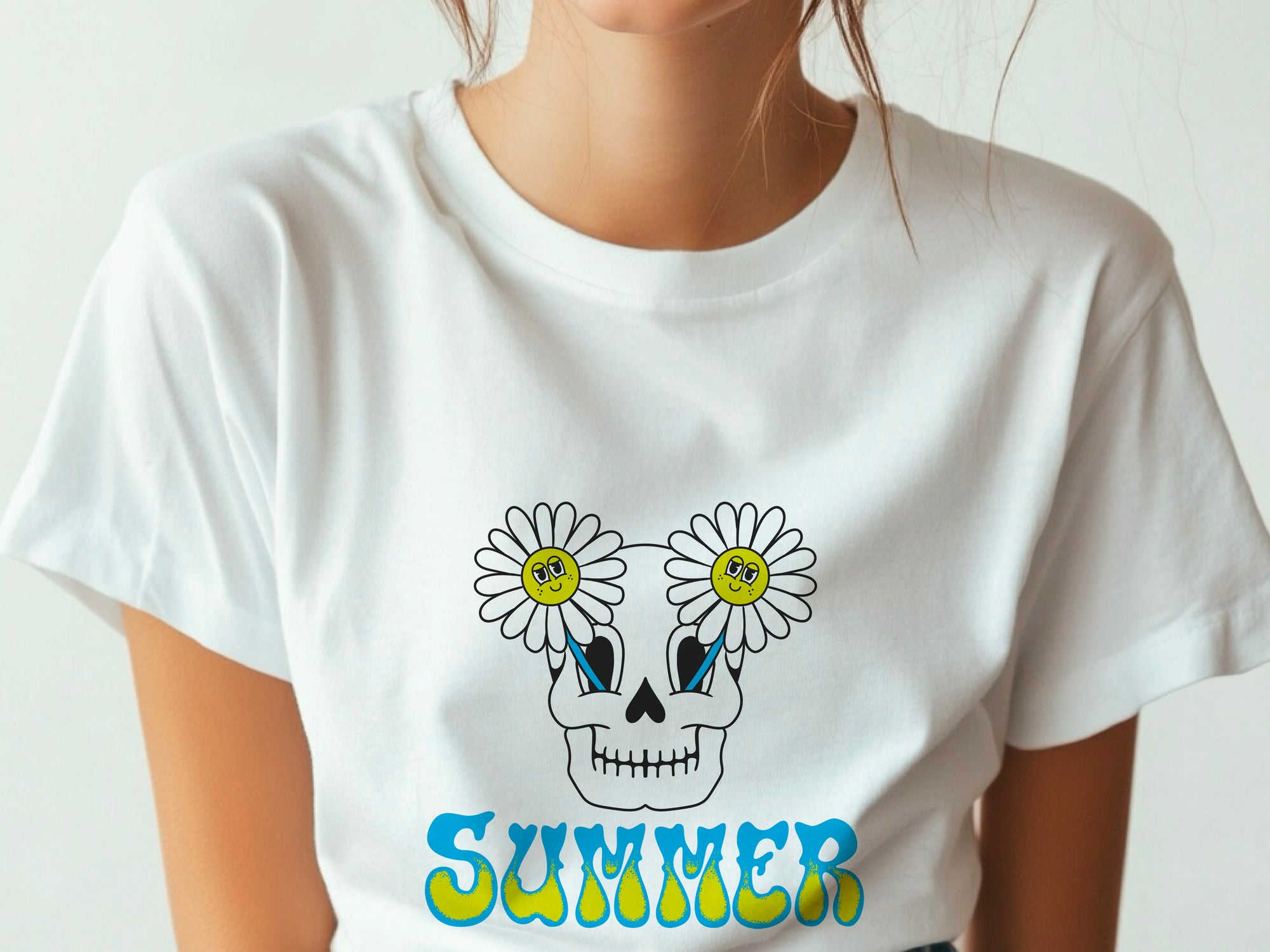 Skull with Flowers Print Tee, Women's Floral Skull Shirt, Unisex Sugar Skull Fashion T-shirt