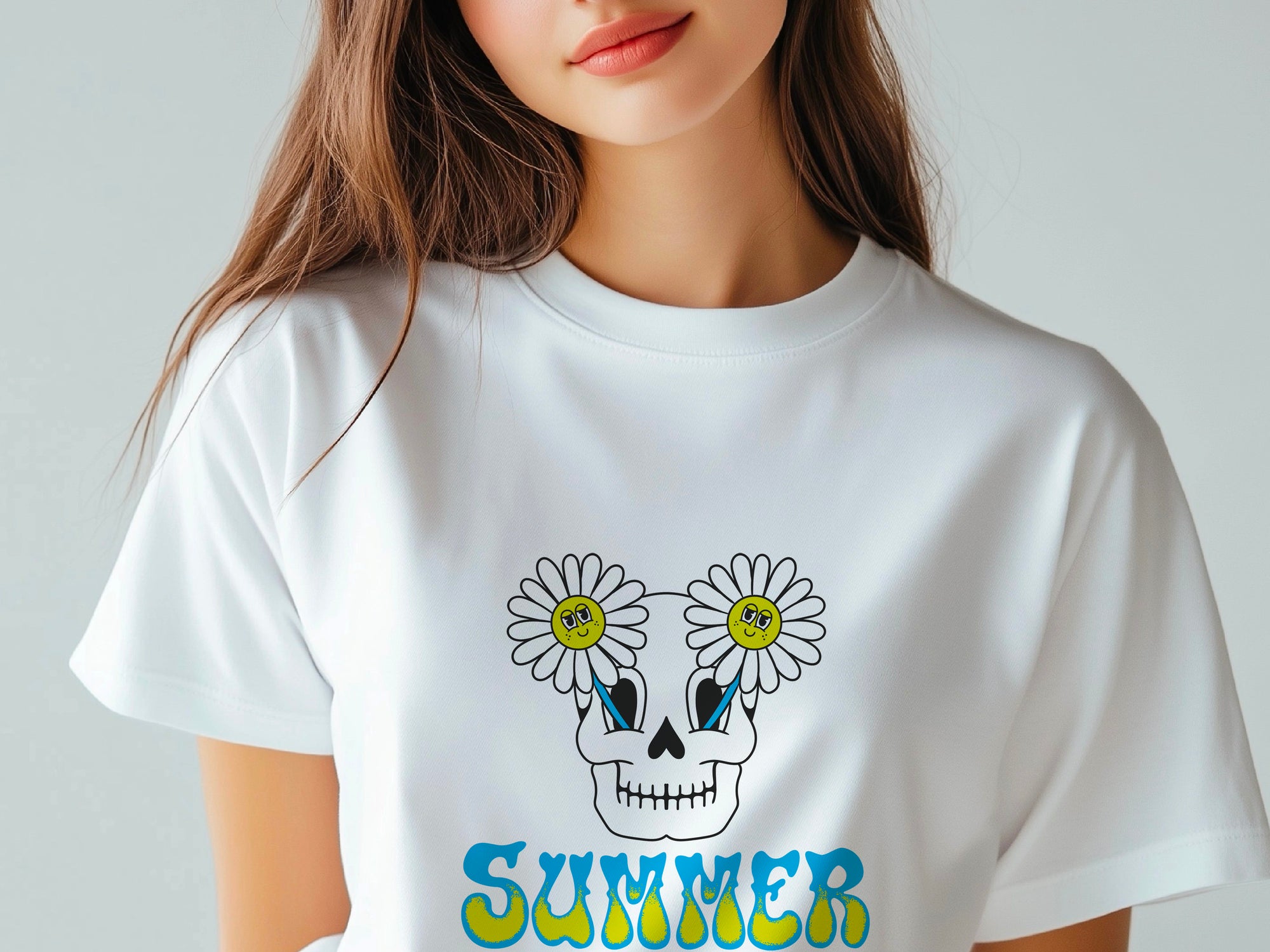 Skull with Flowers Print Tee, Women's Floral Skull Shirt, Unisex Sugar Skull Fashion T-shirt