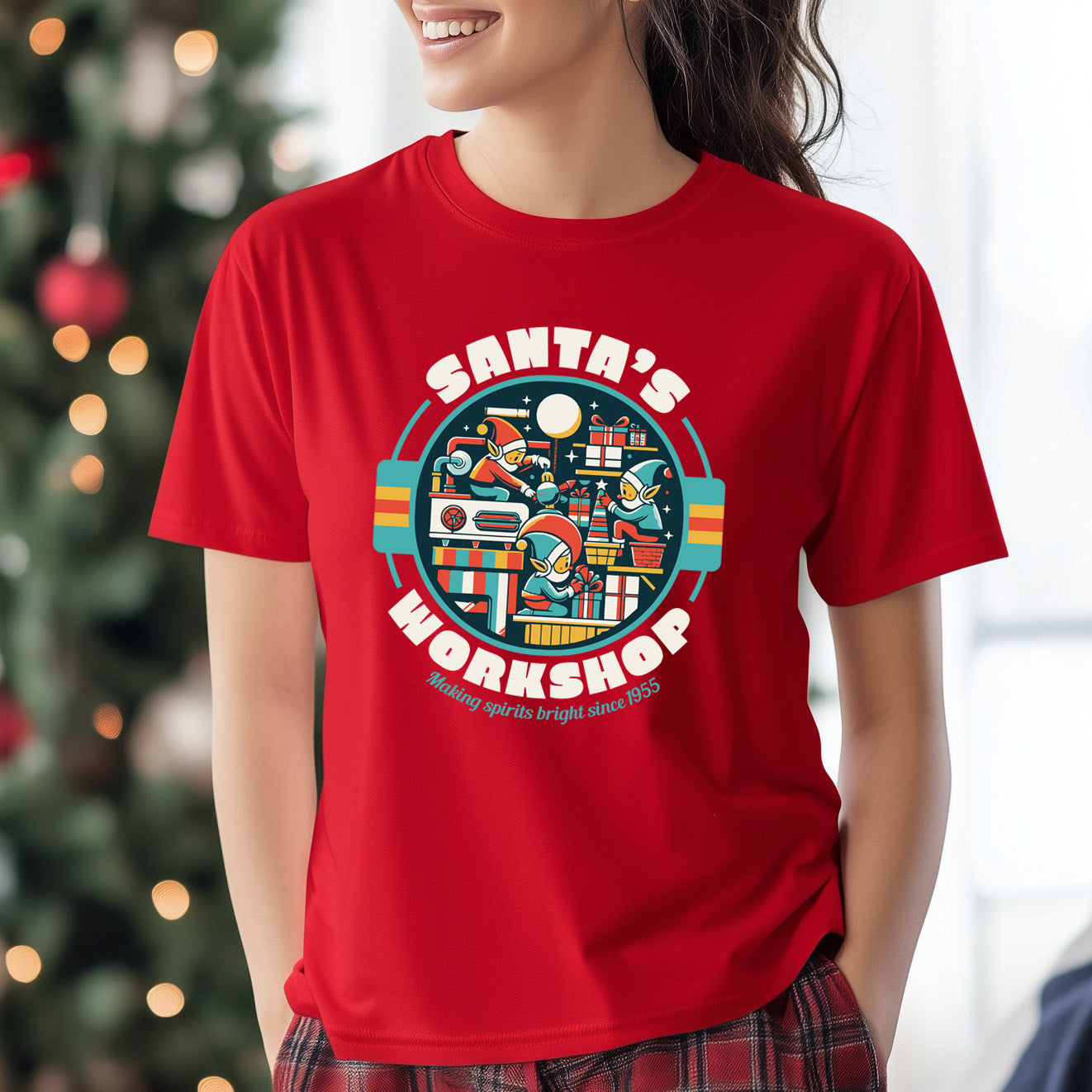 Santa's Workshop Tartan Graphic T-Shirt - Bright Spirits Since 1955