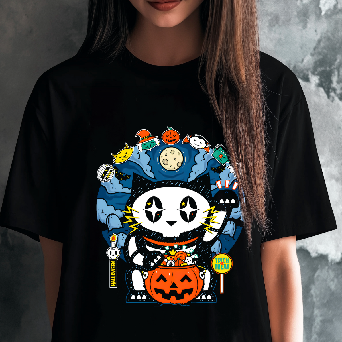 T-Shirt aus Bio-Baumwolle mit Halloween-Glückskatzen-Grafik
