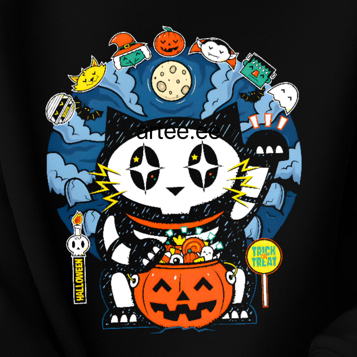 T-Shirt aus Bio-Baumwolle mit Halloween-Glückskatzen-Grafik