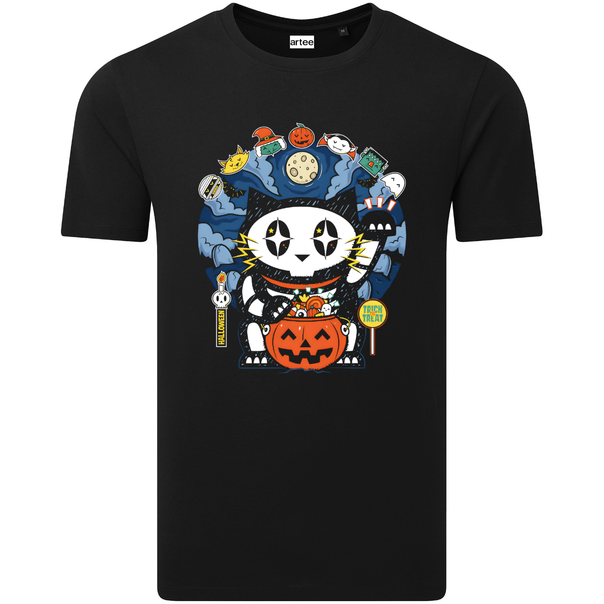 T-Shirt aus Bio-Baumwolle mit Halloween-Glückskatzen-Grafik