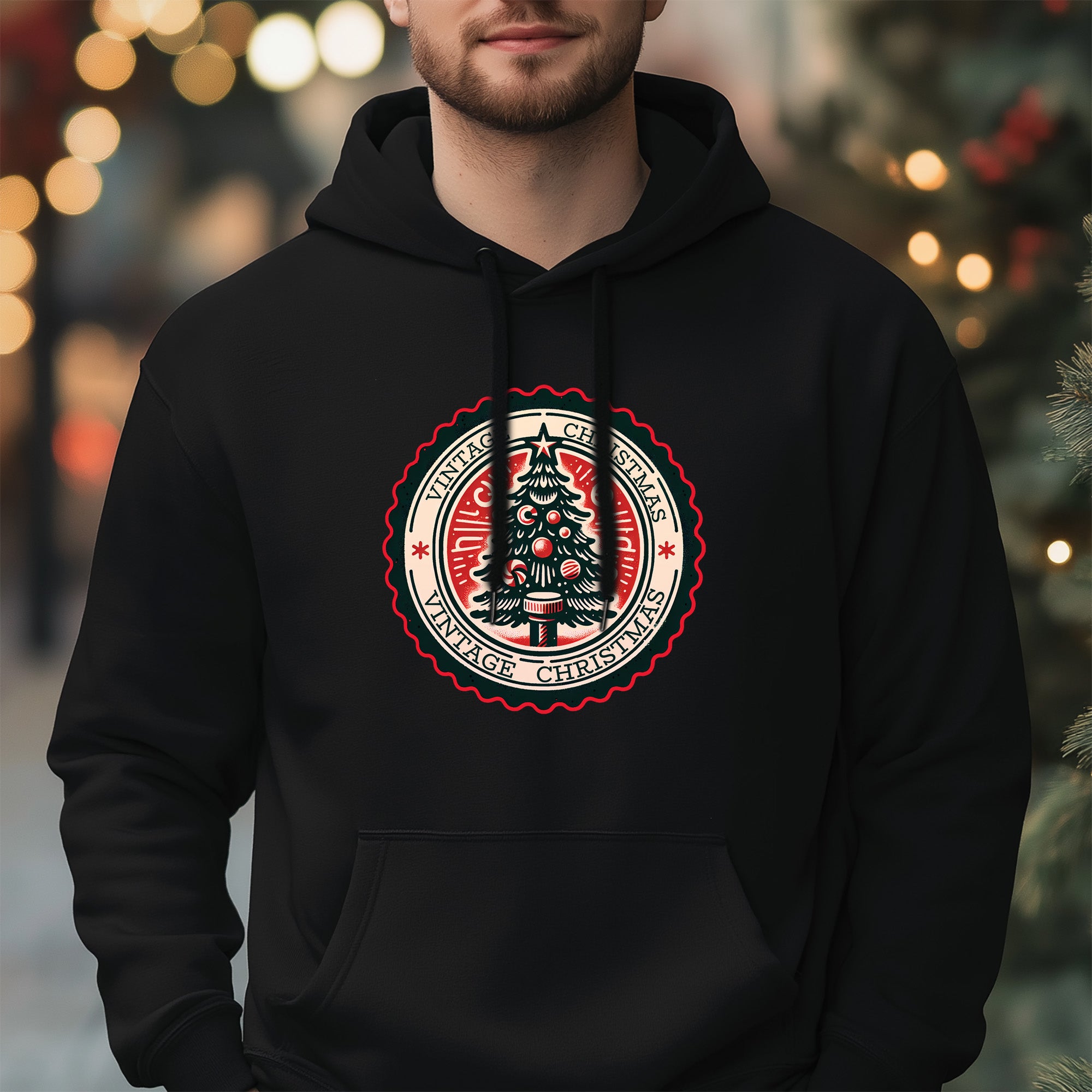 Trendy Vintage Christmas Black Hoodie for Men - Festive Edition